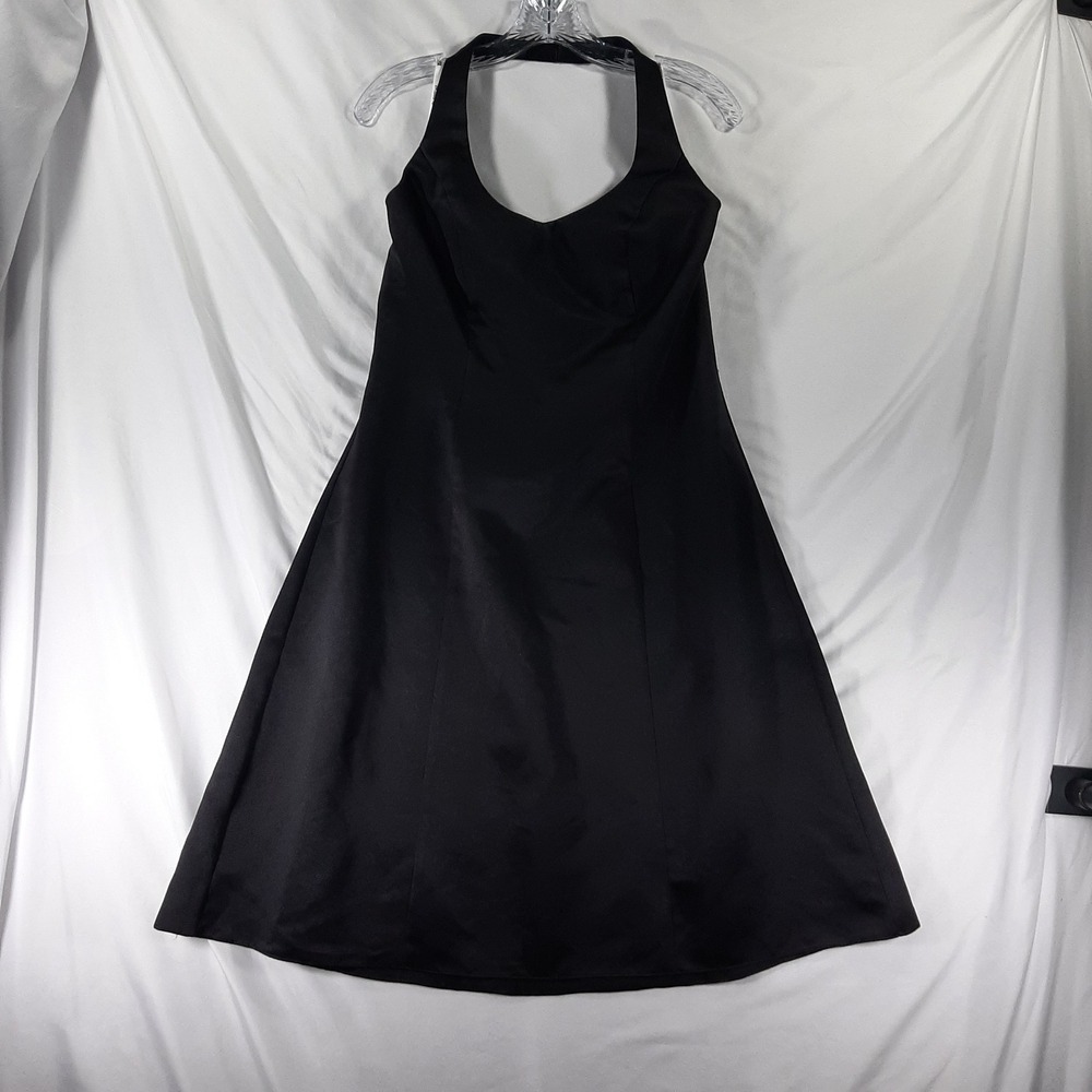 David's Bridal Black Satin A-Line Formal Midi Dress Halter Length Shortened